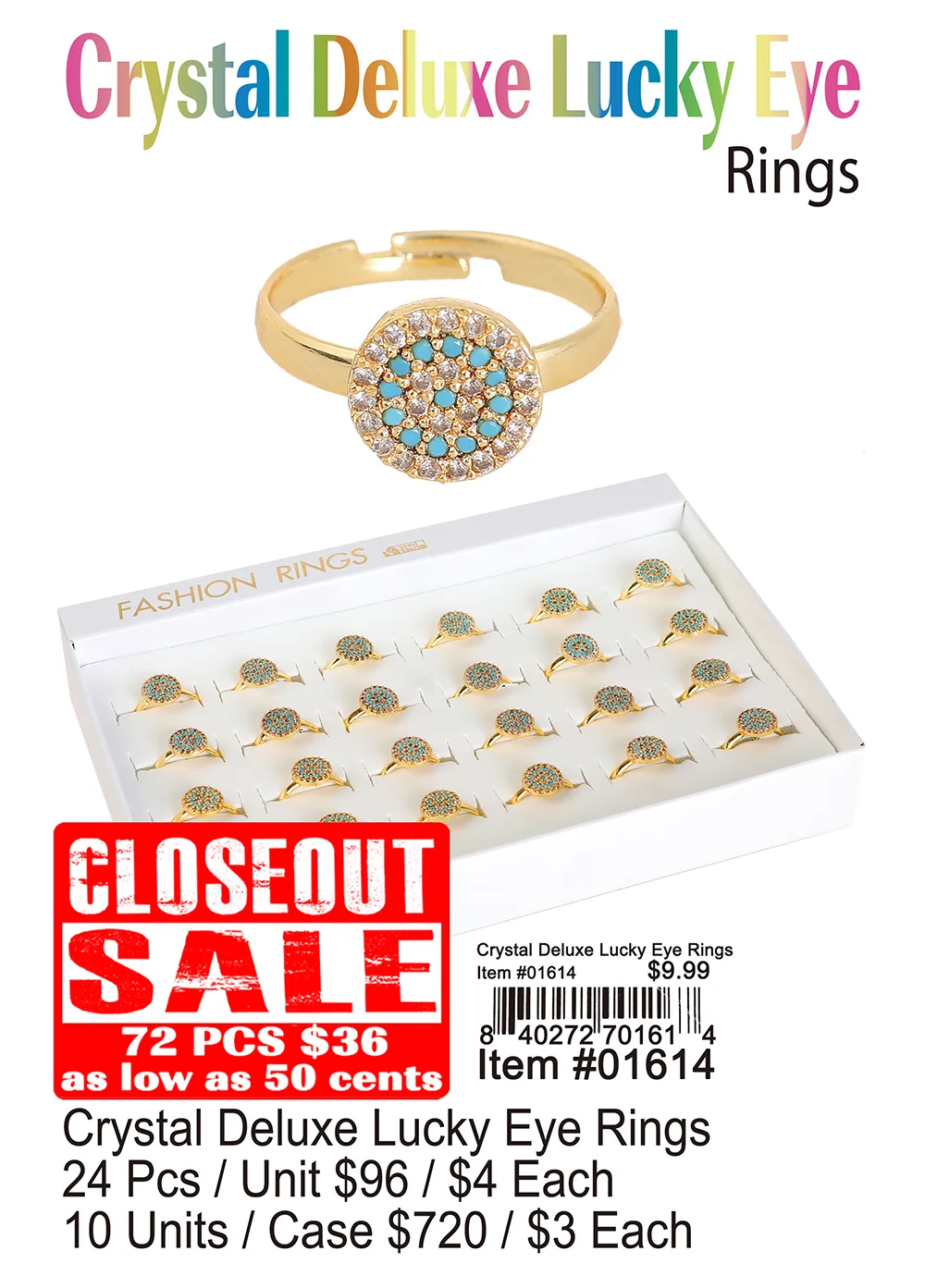 Crystal Deluxe Lucky Eye Rings - Closeout 72 Pcs.